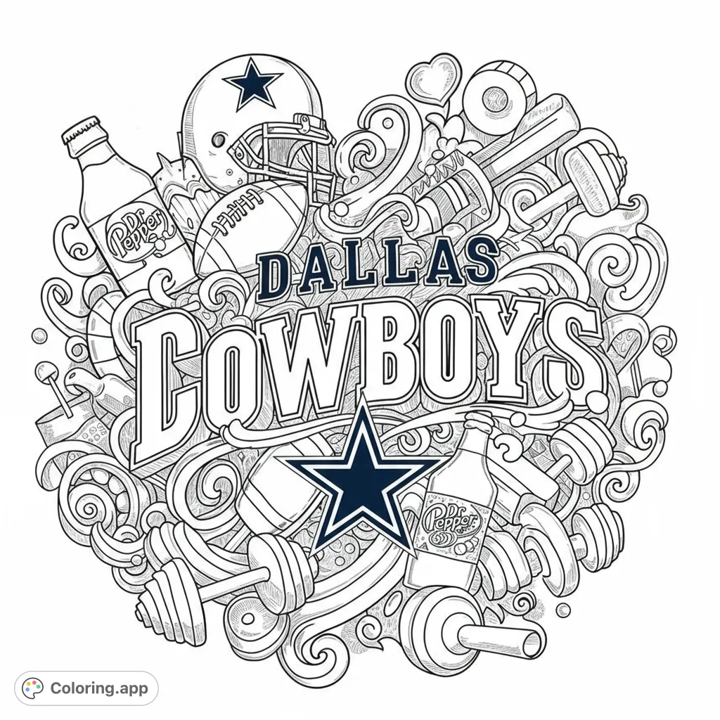 An intricate doodle-style sports fan coloring page featuring a football helmet, football, dumbbells, and bottles intertwined with swirling patterns.