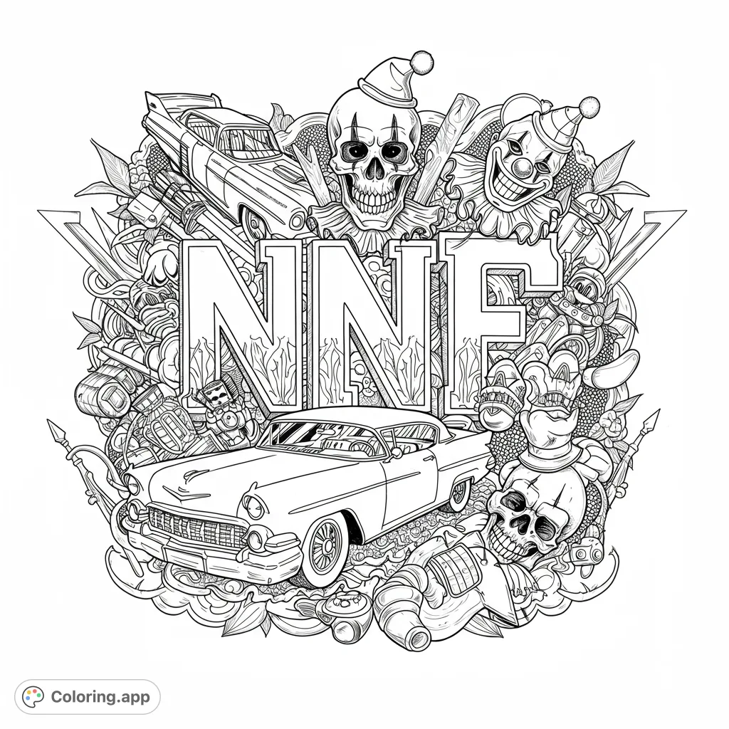 An intricate urban street art coloring page featuring classic cars, skulls, and weapons, perfect for detailed coloring and creative expression.