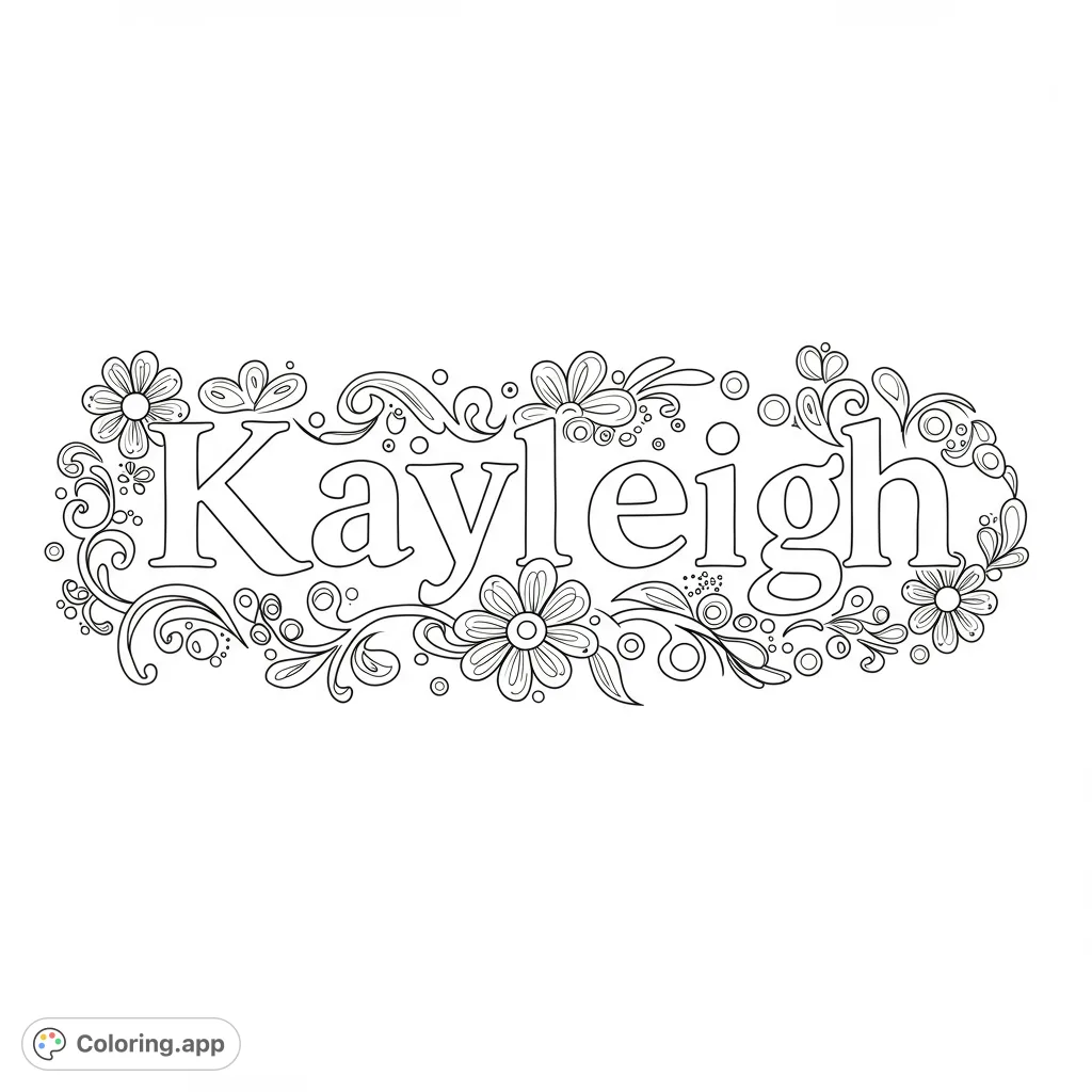 A beautiful Kayleigh name coloring page featuring elegant letters surrounded by intricate floral patterns and delicate swirls. Perfect for personalization.