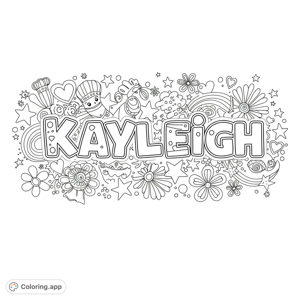 A delightful Kayleigh name coloring page surrounded by whimsical doodles, stars, flowers, and hearts. Perfect for personalized fun.