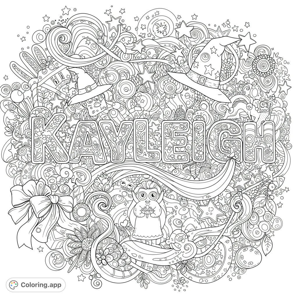 A whimsical Kayleigh name coloring page, bursting with intricate doodles, stars, witch hats, and a cute creature. A magical, personalized adventure awaits!