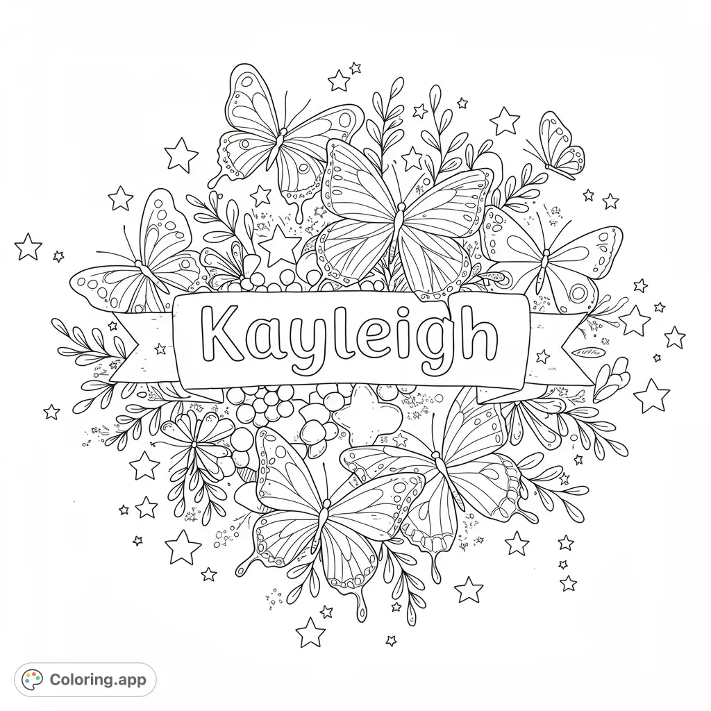 A delightful butterfly and floral design with swirling leaves and stars, perfect for a whimsical and enchanting coloring experience.