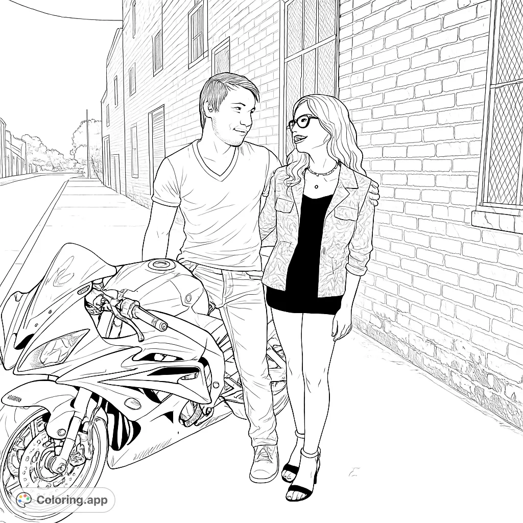 A romantic urban scene featuring a couple and their sport motorcycle. Perfect for an adult coloring page, capturing modern street style and connection.