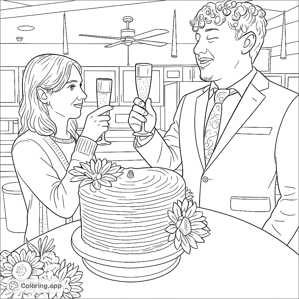 A joyful couple toasts with champagne over a beautifully decorated cake, perfect for celebrating special moments. A festive celebration coloring page.