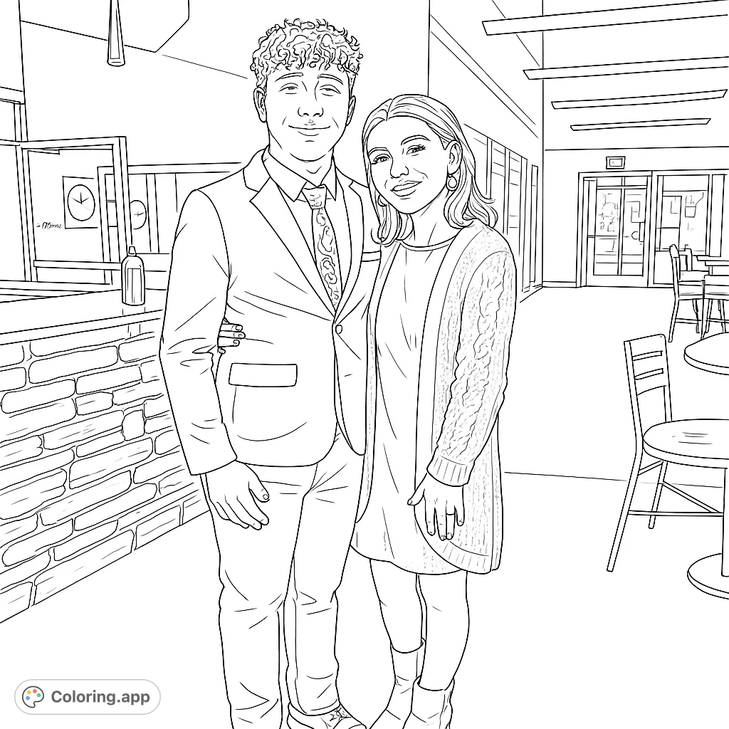 A delightful free printable coloring page featuring a happy young couple smiling together in a cafe setting, perfect for all ages.