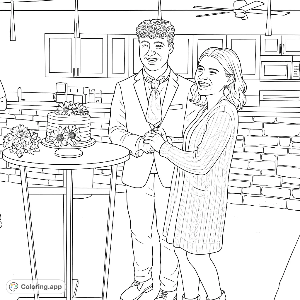 A joyful celebration coloring page featuring a happy couple cutting a cake, perfect for anniversaries, weddings, or special moments.