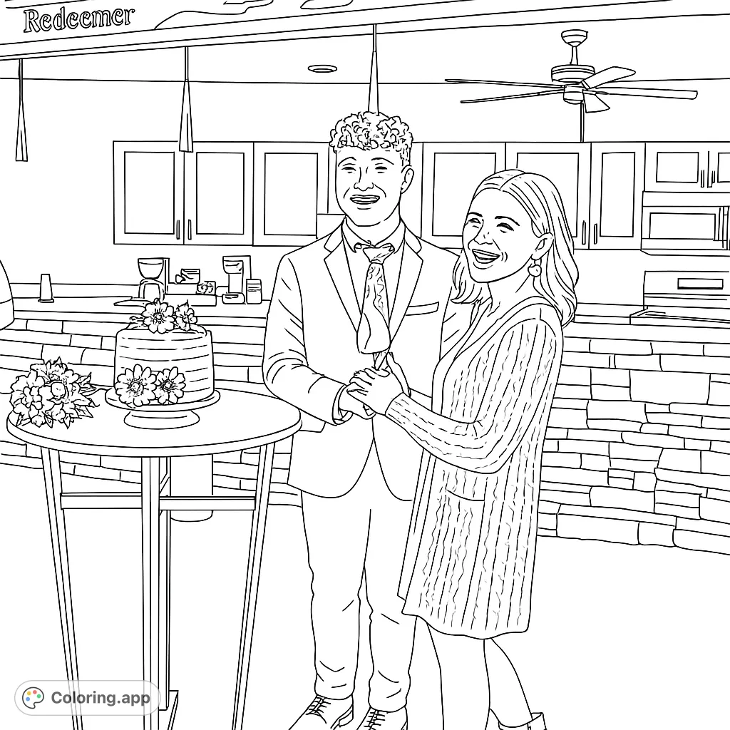 Capture a joyful couple celebrating with cake and flowers in a detailed kitchen setting. A free printable celebration coloring page for all ages.