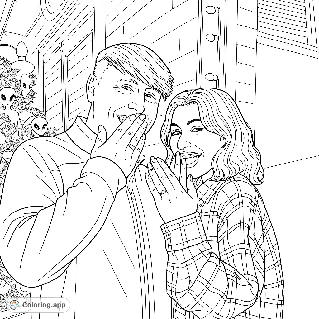 A joyful couple sharing a laugh, with unique alien ornaments on a festive Christmas tree. A fun, free printable coloring page for all ages.