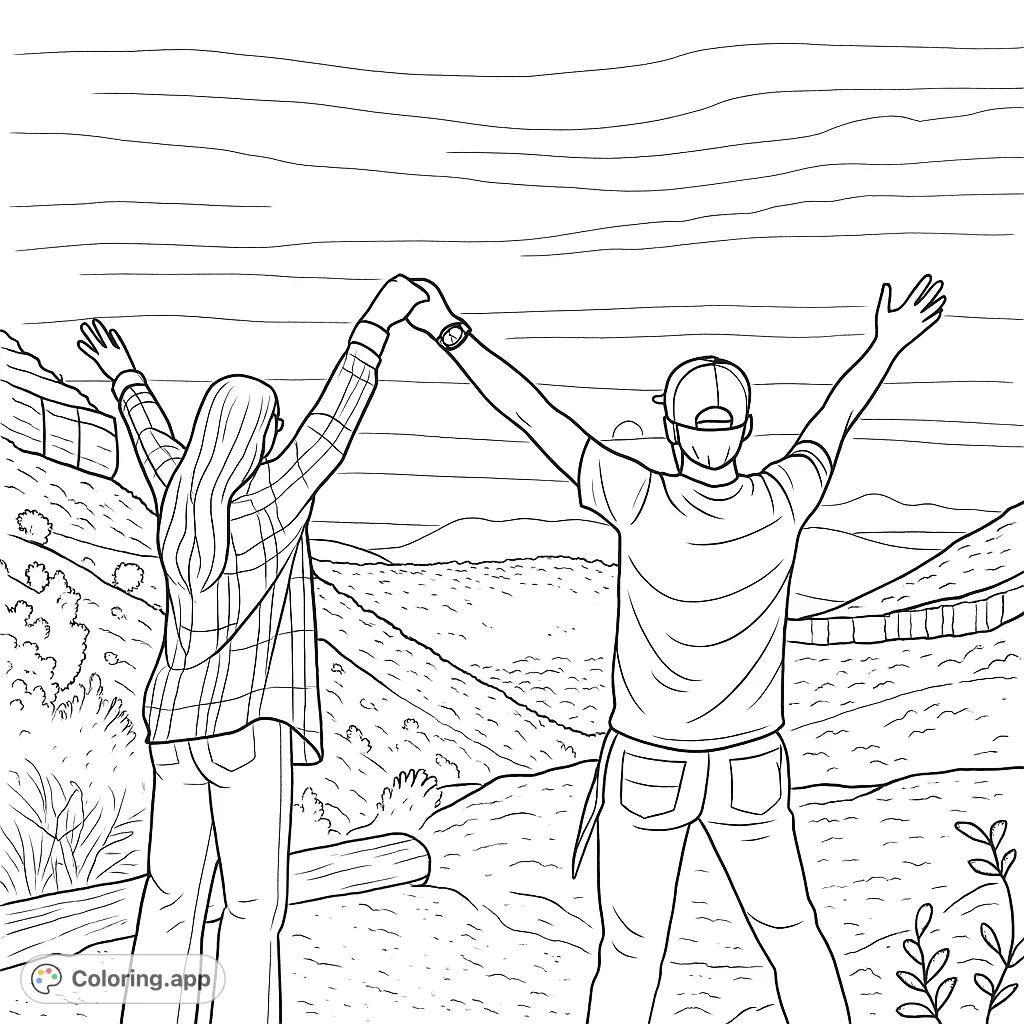 Celebrate adventure with this free printable mountain view coloring page featuring a couple holding hands, arms raised in triumph over a vast landscape.