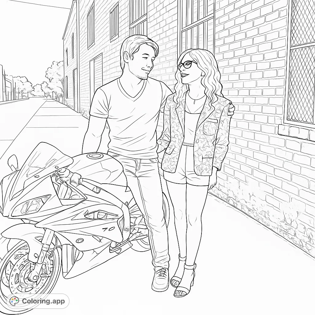A stylish couple stands beside a sleek sport motorcycle on a city street, ready for adventure. Perfect for urban romance and vehicle enthusiasts.