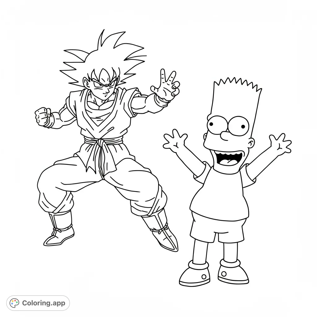 An exciting crossover featuring a powerful anime hero and a mischievous cartoon boy, ready for adventure. A free printable coloring page for all fans!