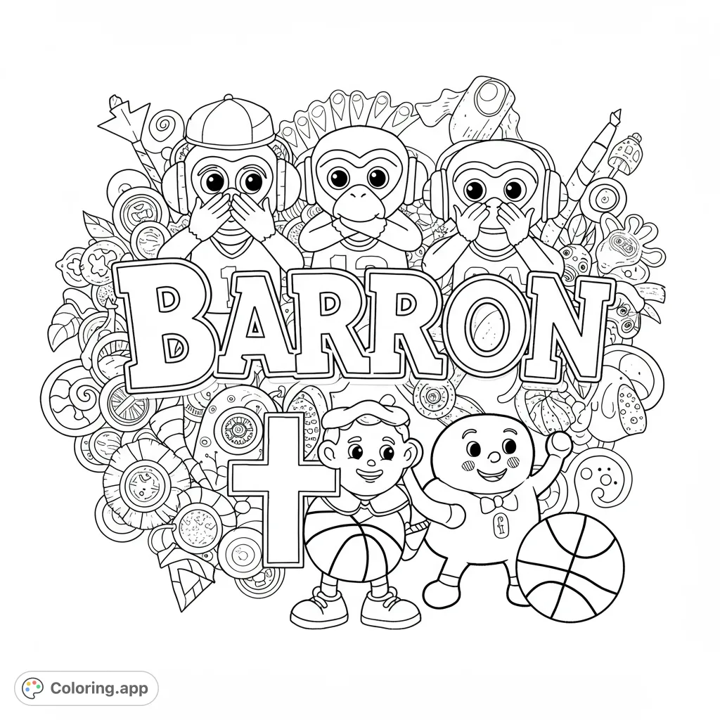 A fun personalized Barron coloring page featuring playful monkeys, basketball characters, and intricate doodles. Free printable for kids and adults!