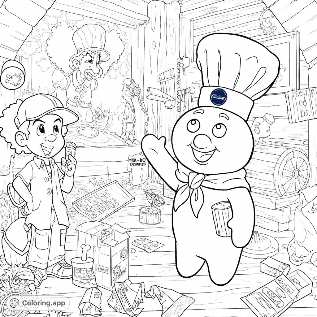 Join a cheerful boy and his doughy chef friend in a whimsical, cluttered pantry. A fun, free printable coloring page for kids and adults alike!
