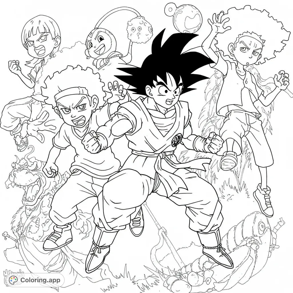 Dynamic anime and cartoon heroes unite in an action-packed crossover scene, ready for adventure. A free printable coloring page for all ages!