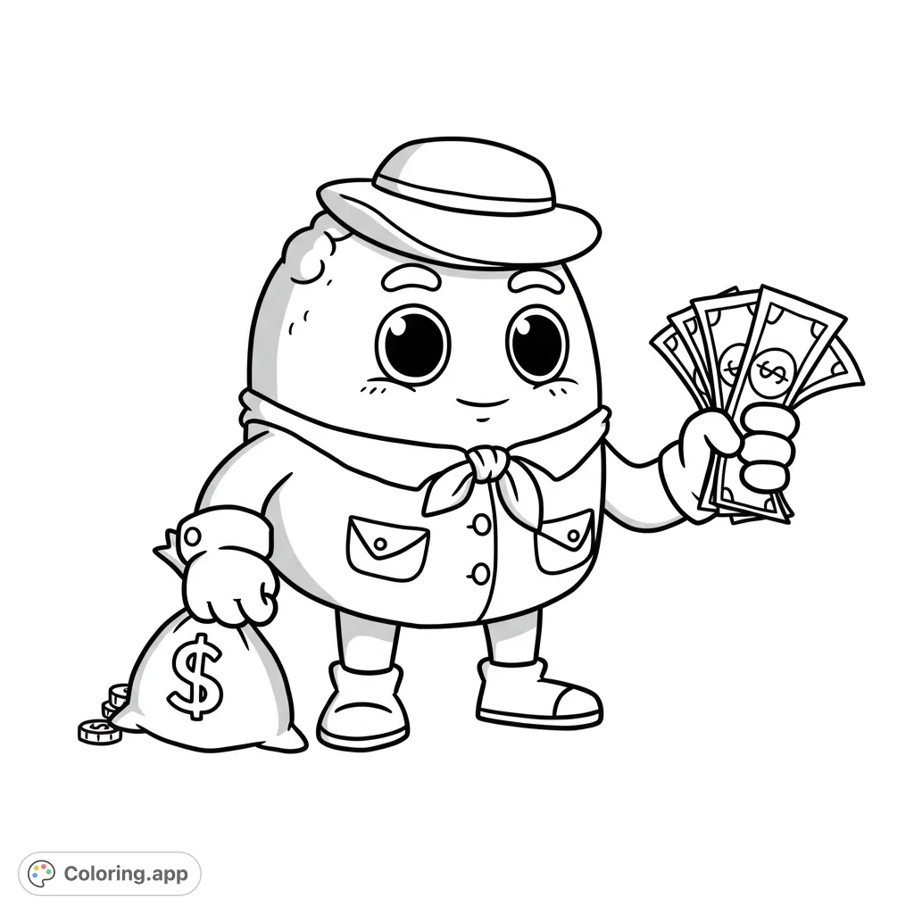 A cute, happy character with a hat and jacket holds a fan of money and a dollar bag. A fun financial literacy coloring page for all ages!