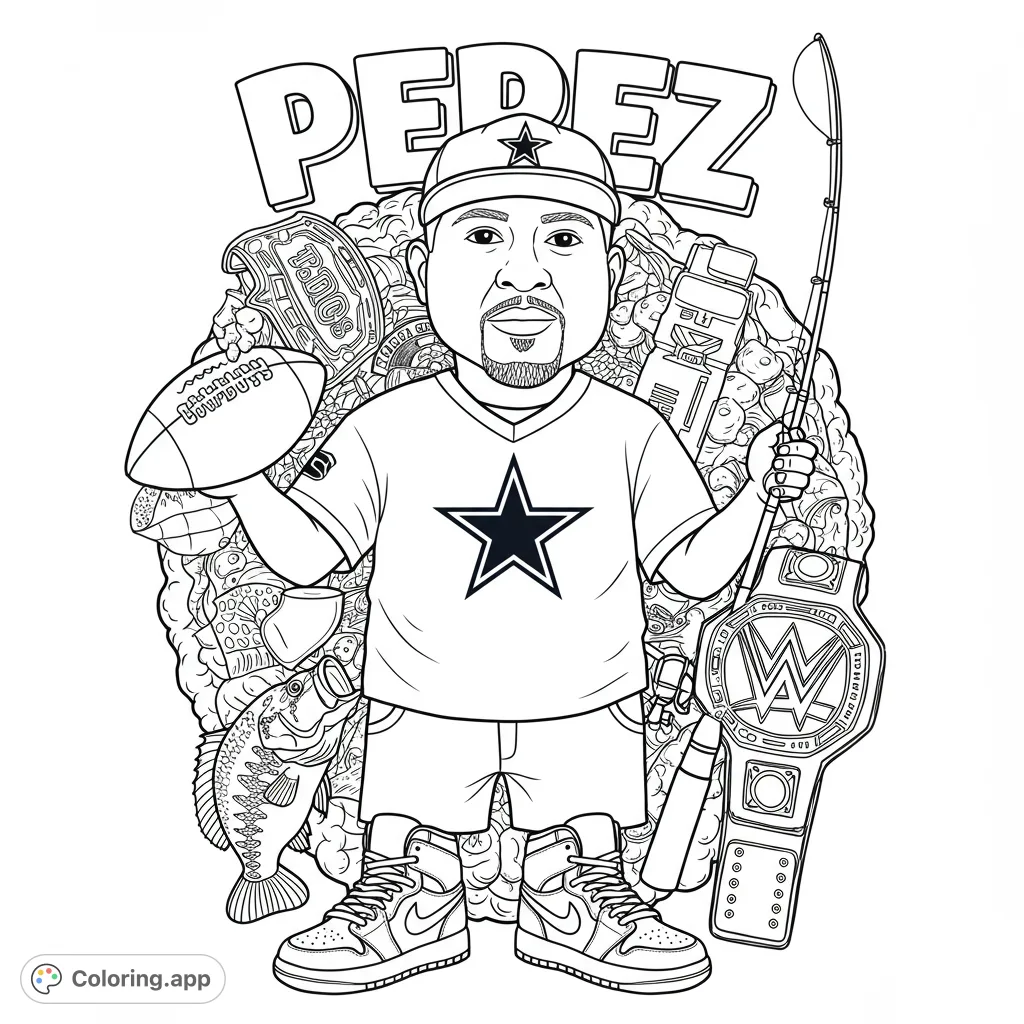 A detailed black and white line drawing of a man surrounded by sports, fishing, and hobby elements, perfect for creative coloring.