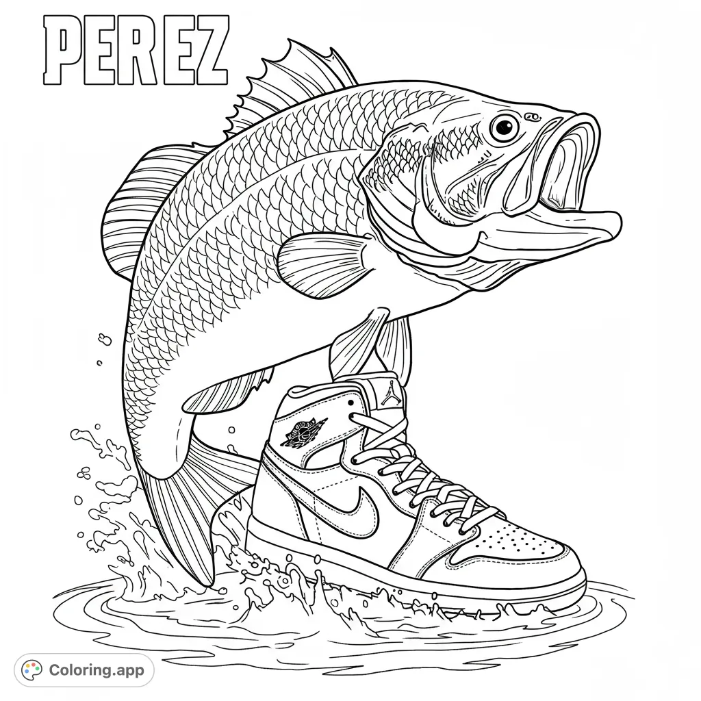 A dynamic bass fish leaps from water, its tail emerging from a stylish high-top sneaker, creating a unique and playful scene for coloring.