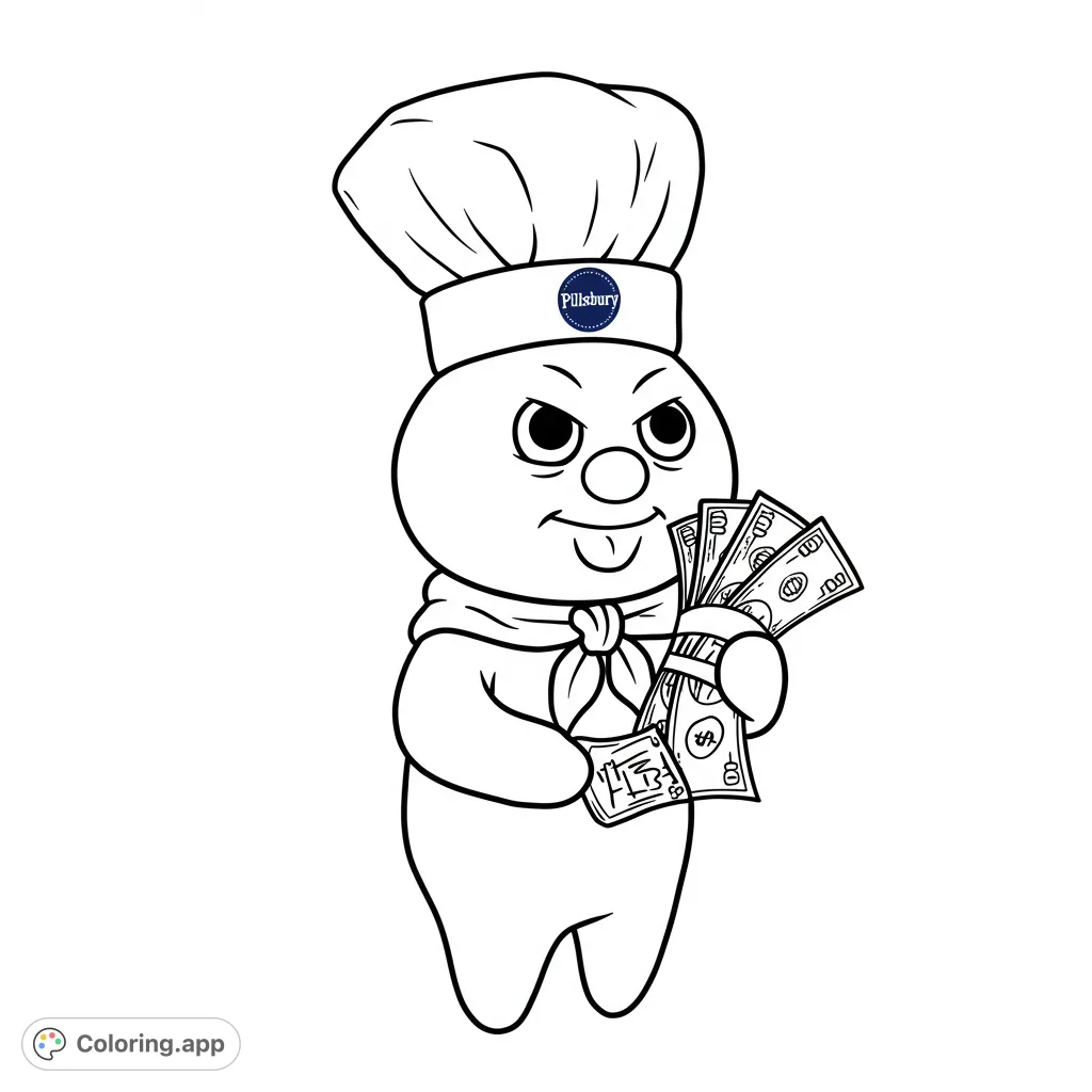 A mischievous dough character in a chef's hat holds a fan of cash, ready for a fun coloring adventure. Free printable for all ages!