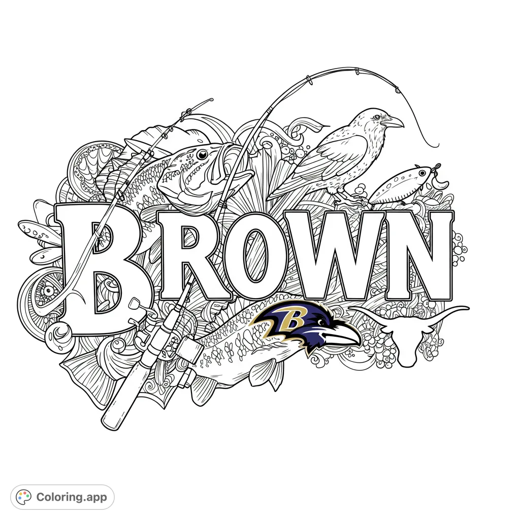 An intricate outdoor sports-themed doodle art featuring the word BROWN, a fish, bird, fishing gear, and longhorn skull, perfect for a free printable coloring page.