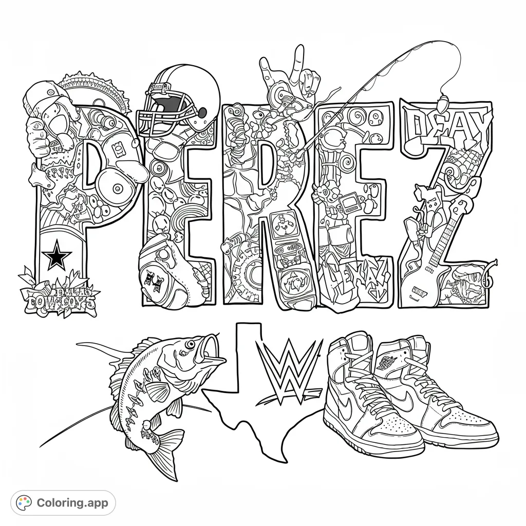 An intricate personalized name coloring page filled with diverse hobbies like football, fishing, music, and sneakers, perfect for all ages.