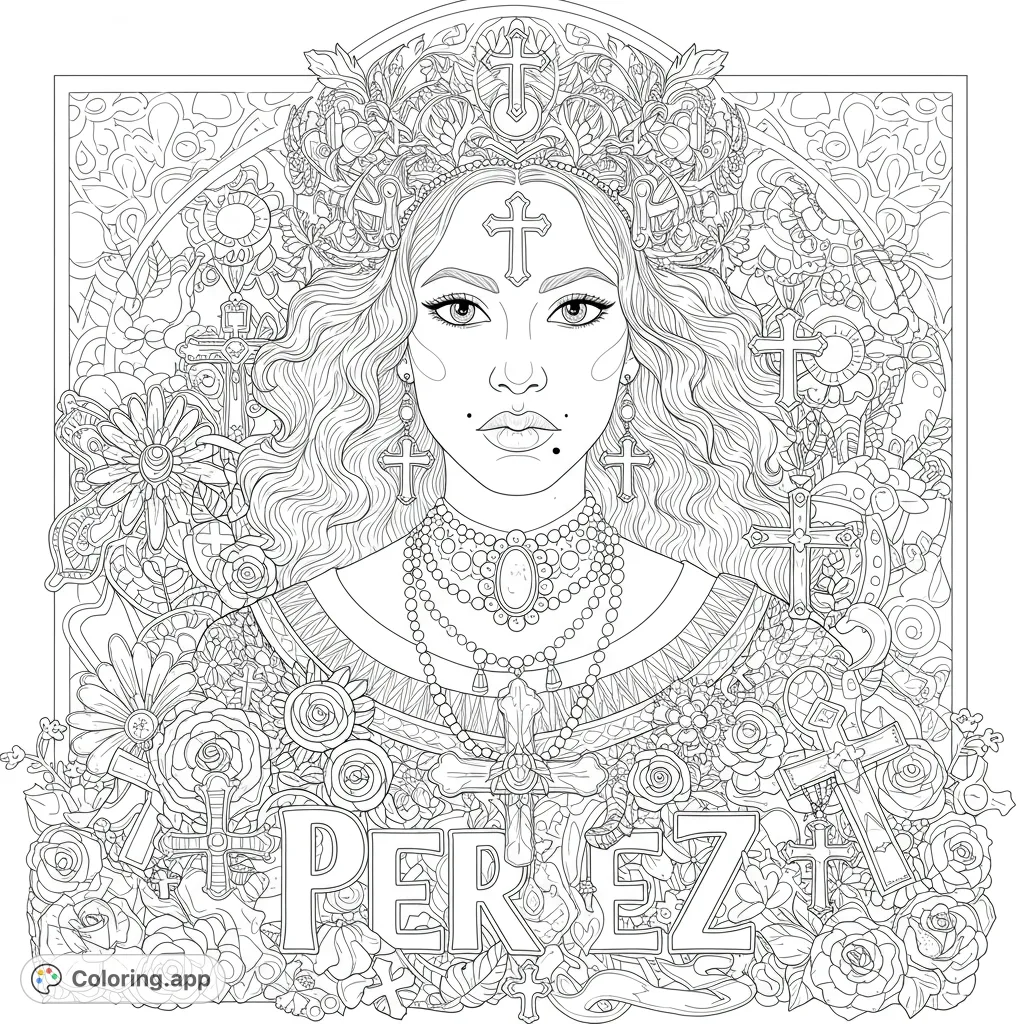 Intricate portrait of a crowned woman amidst a dense tapestry of flowers, crosses, and mystic symbols. A detailed gothic floral coloring page.