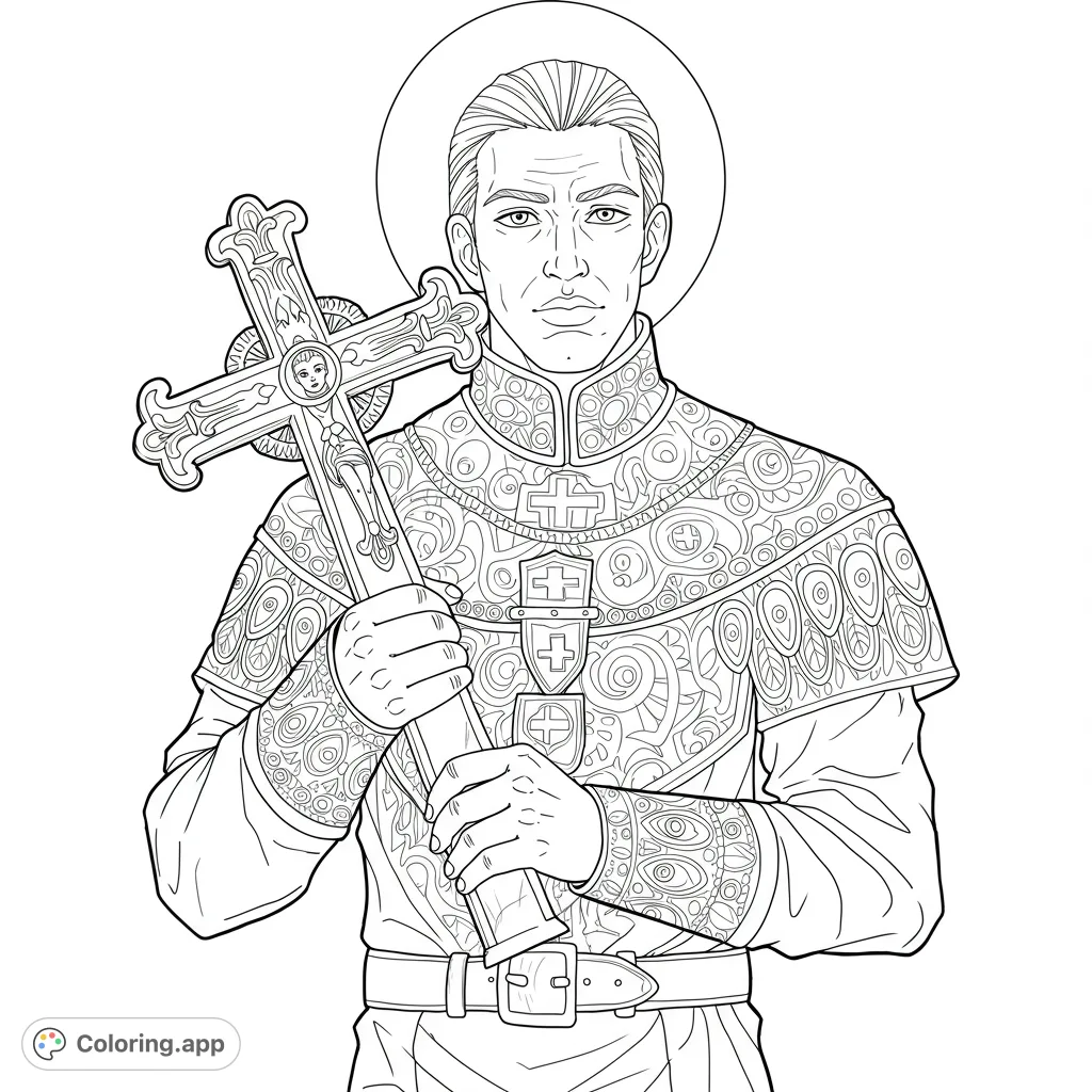 A solemn saintly figure holds an ornate crucifix, adorned in richly patterned vestments. A detailed religious coloring page for all ages.