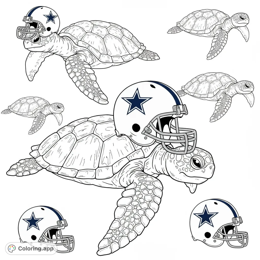 Dive into fun with this unique sea turtle and football helmet coloring page! Features playful turtles and iconic helmets for sports and animal lovers.