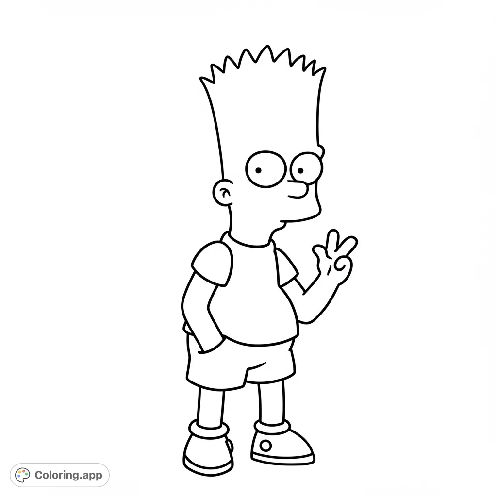 A fun, free printable cartoon character coloring page featuring an iconic spiky-haired boy making a peace sign. Perfect for kids and fans of classic animation.
