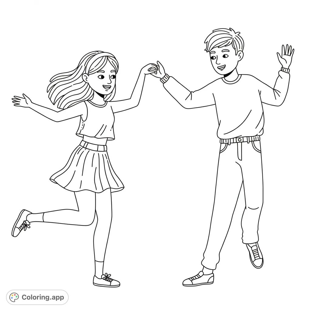 A lively dance partners coloring page featuring a happy boy and girl holding hands and dancing. A free printable coloring page for kids and adults.