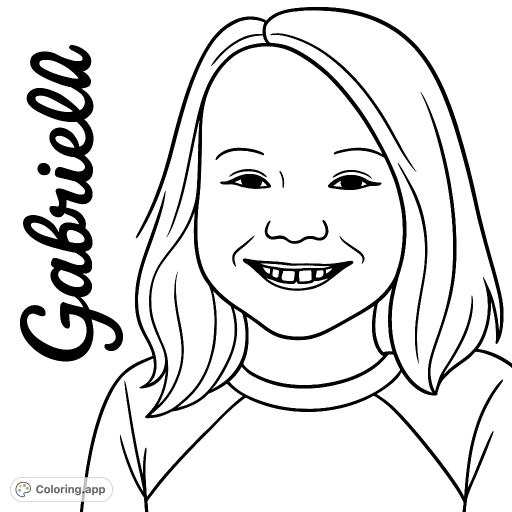 A delightful portrait of a smiling young girl with shoulder-length hair, perfect for a free printable coloring page. Simple, clean lines for easy coloring.