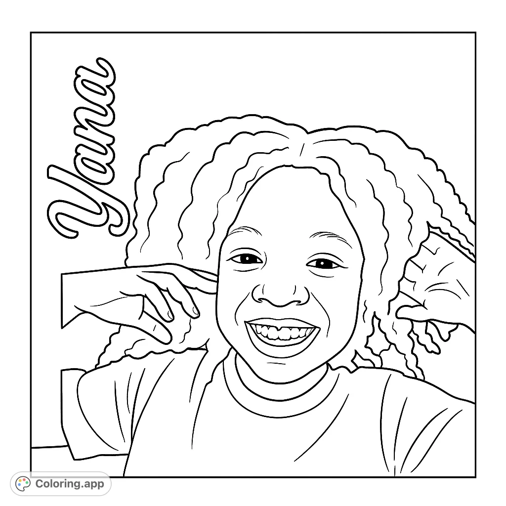 A delightful portrait of a smiling young girl with curly hair, perfect for a free printable portrait coloring page for kids and adults.