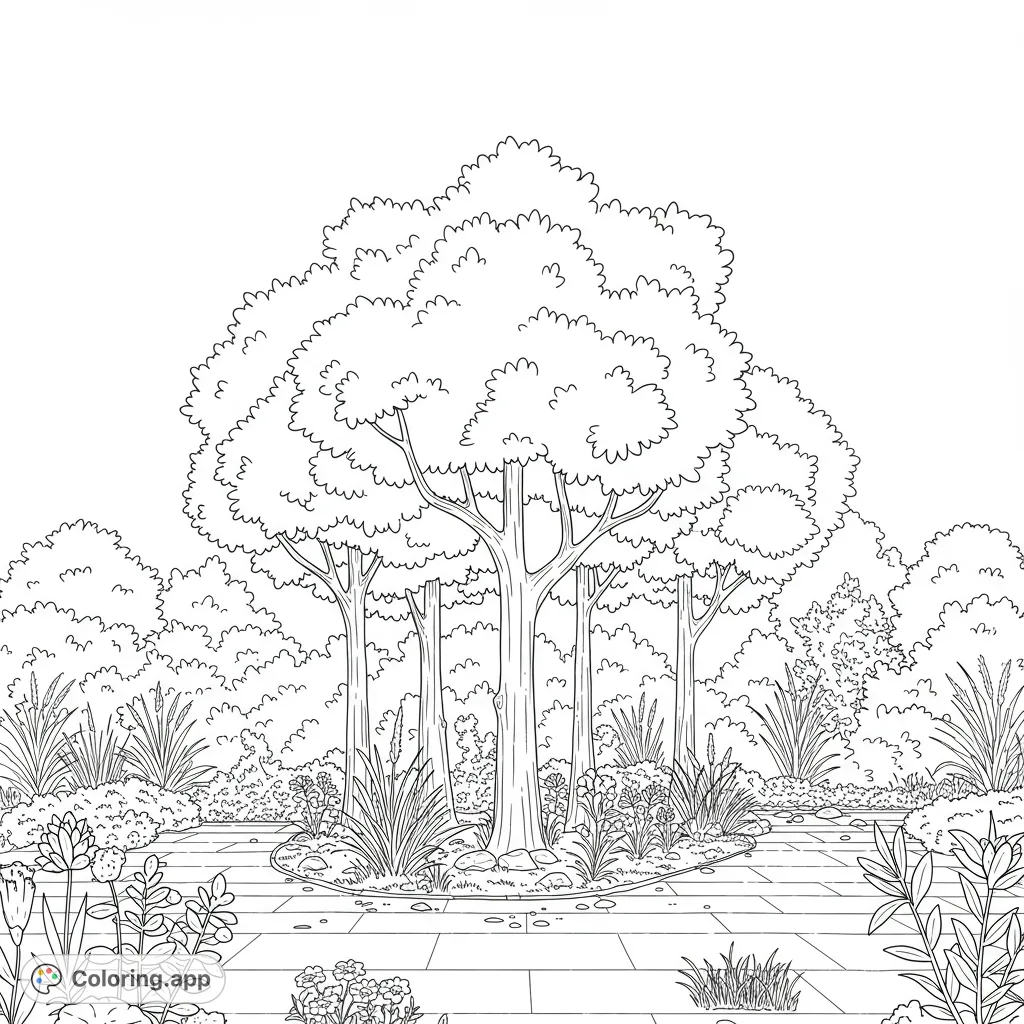 A beautiful garden pathway winding through lush trees and vibrant foliage. A free printable nature coloring page for all ages.