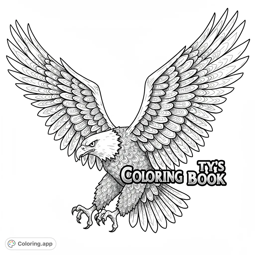 A majestic bald eagle in powerful flight, wings spread wide with intricate feather patterns, ready for detailed coloring.