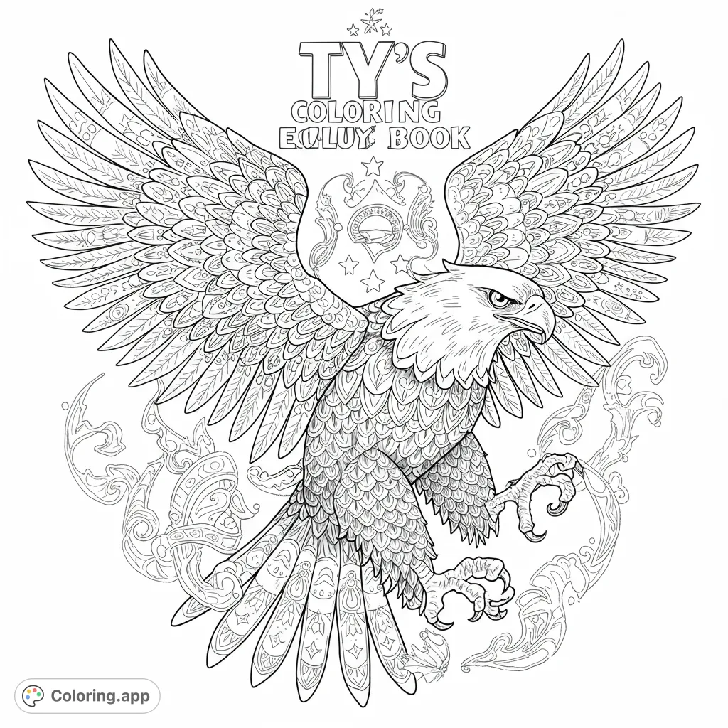 A majestic eagle with intricately patterned feathers and wings spread wide, set against a swirling decorative background. A detailed and captivating free printable coloring page.