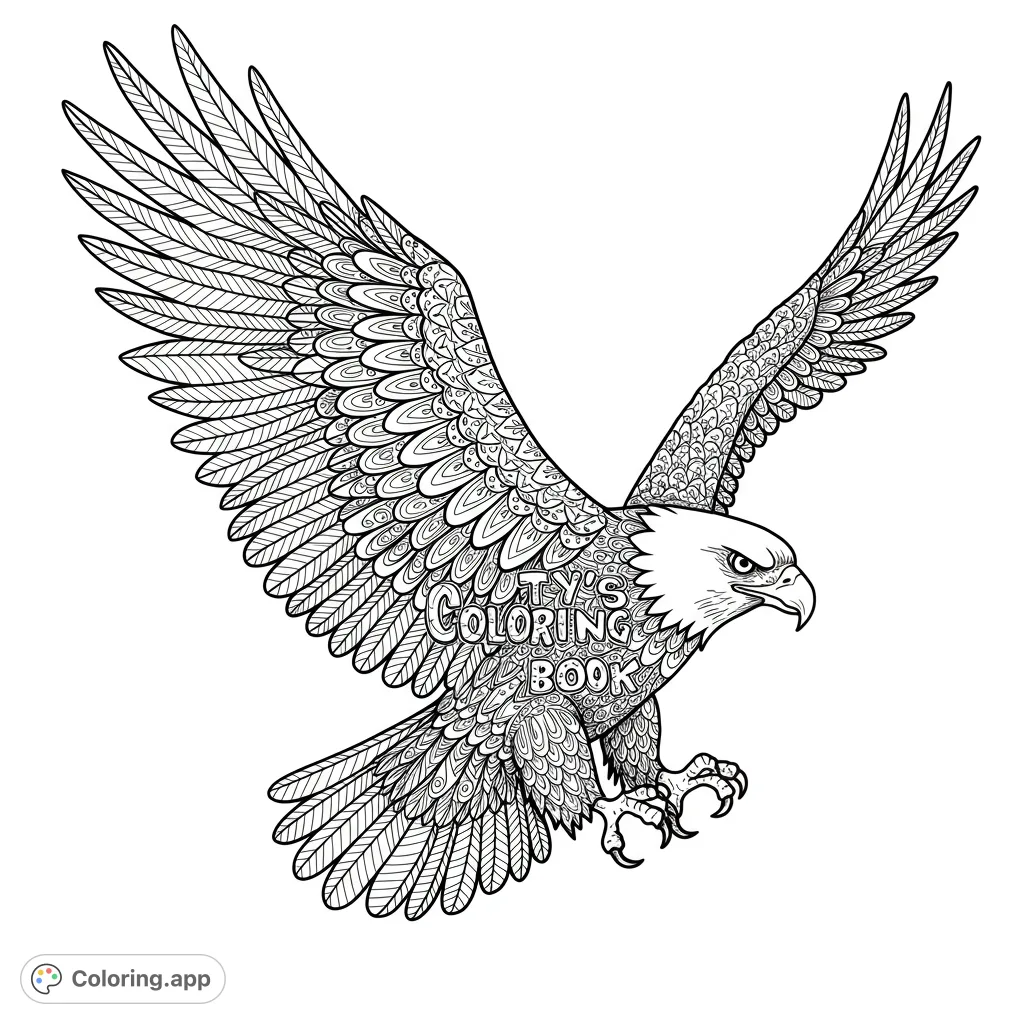 A majestic patterned eagle in flight, featuring intricate zentangle-inspired designs on its feathers and body. A detailed free printable eagle coloring page.