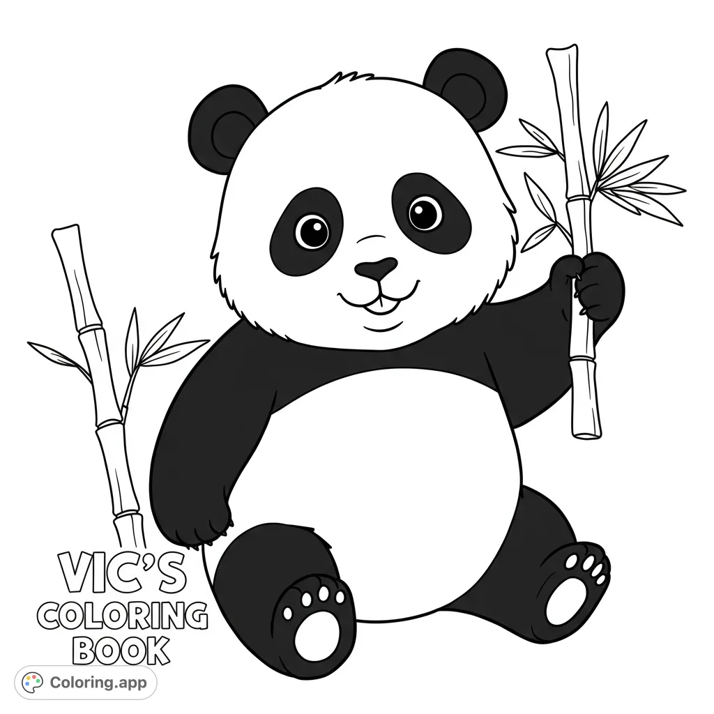 A charming panda coloring page featuring a cute, smiling panda holding bamboo, perfect for a free printable coloring page for kids and adults.