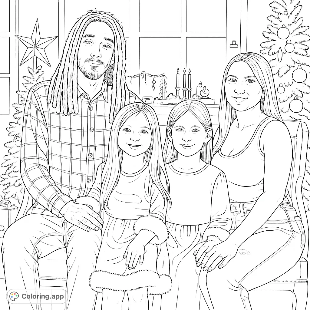A heartwarming family portrait coloring page featuring a father, mother, and two daughters surrounded by festive Christmas decorations.
