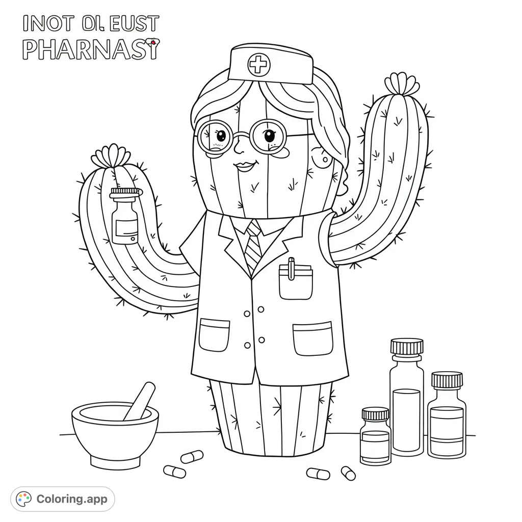 A delightful cactus character dressed as a pharmacist, holding a medicine bottle, surrounded by medical supplies. A unique and fun free printable coloring page.
