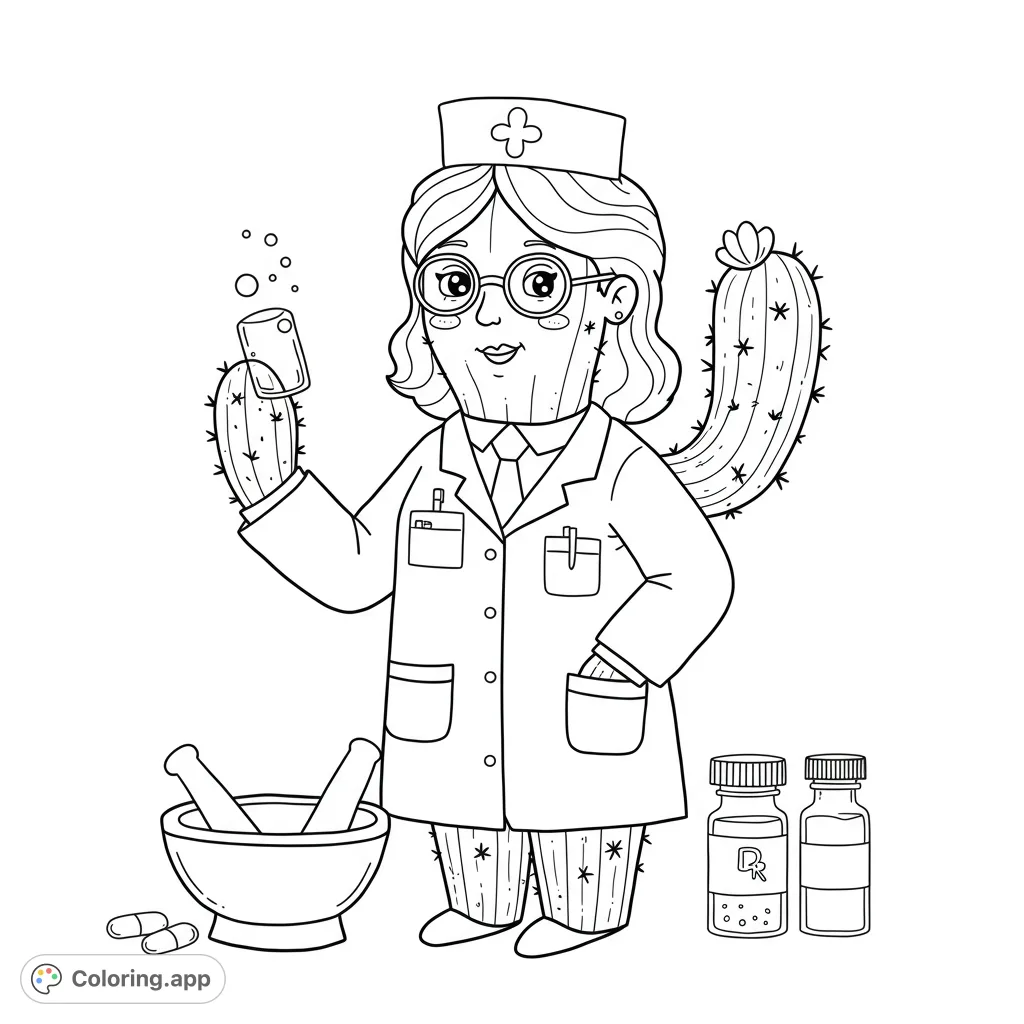 A charming cactus doctor in a lab coat, holding a potion, surrounded by medical tools and cacti. A fun, free printable coloring page for all ages.