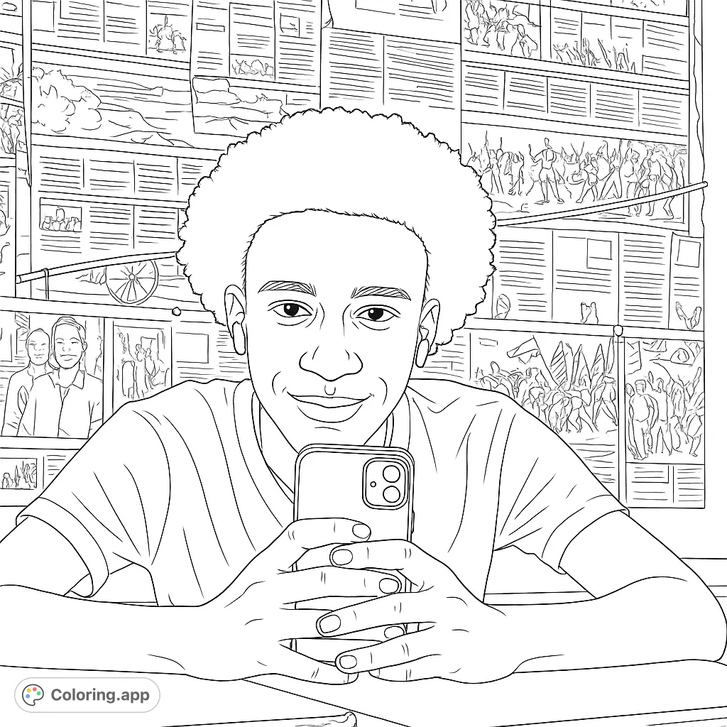 A smiling young person takes a selfie against a dynamic collage of historical events and news, offering a unique blend of modern life and past narratives.
