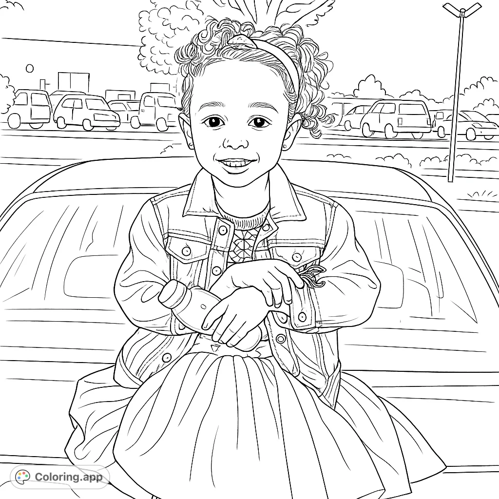A delightful girl with curly hair sits on a car, ready for a fun coloring adventure. Perfect for kids and adults, a free printable coloring page.