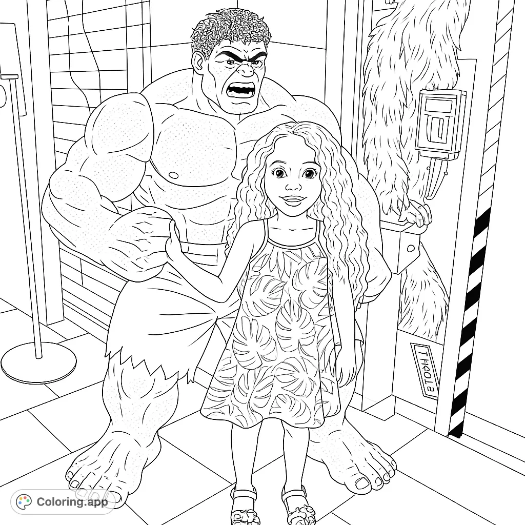 Color a powerful superhero statue and a sweet girl, surrounded by intriguing background details. A fun, detailed superhero coloring page for all ages!