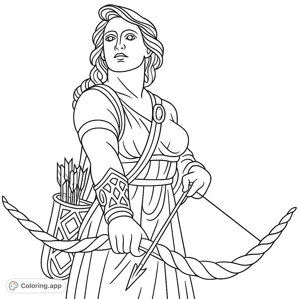 A majestic goddess archer coloring page, a free printable coloring page featuring a powerful female warrior with bow and arrow, perfect for adults.