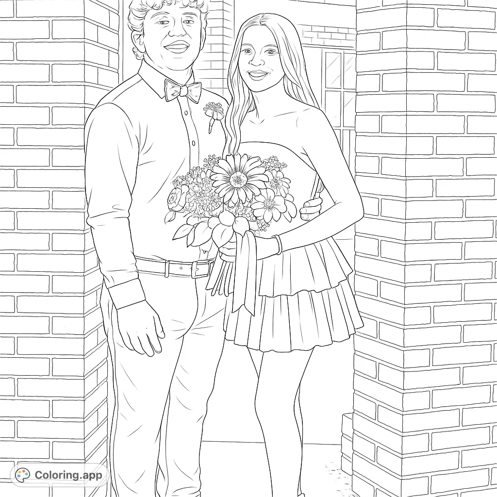 A happy couple dressed for a special occasion, holding a beautiful bouquet, standing by a brick wall. Celebrate love and milestones!