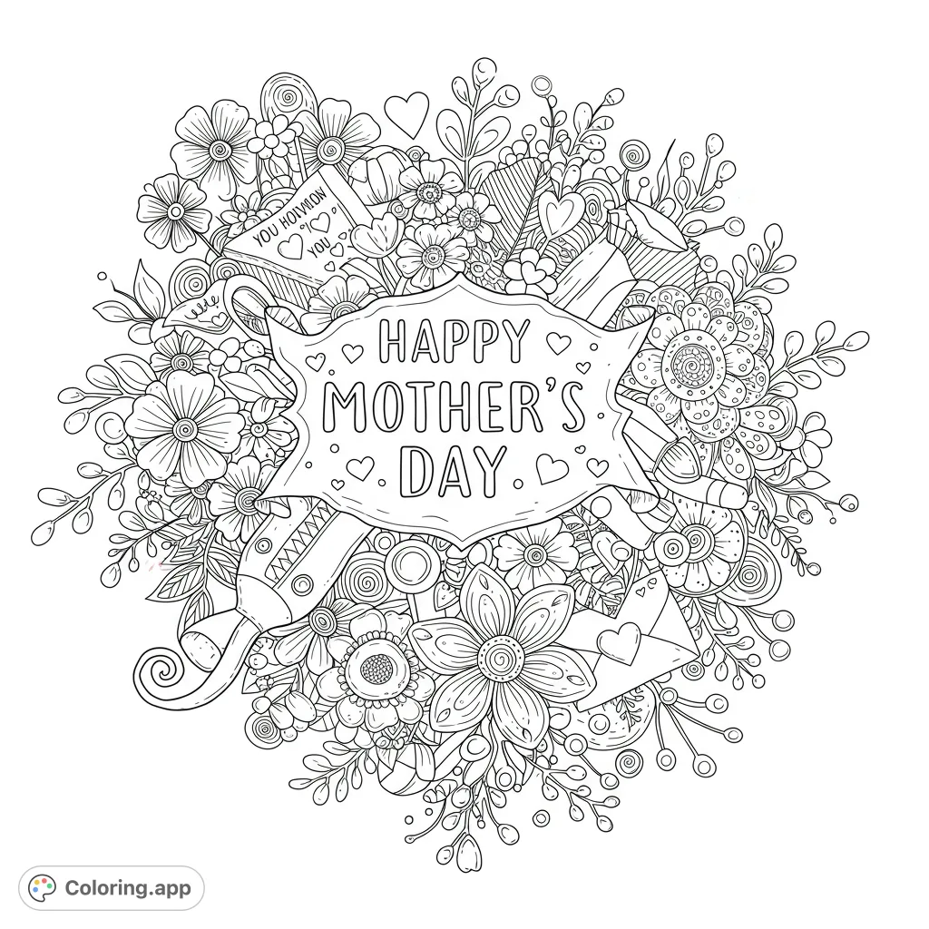 An intricate floral arrangement with a central decorative banner, surrounded by diverse flowers, leaves, hearts, and gifts.