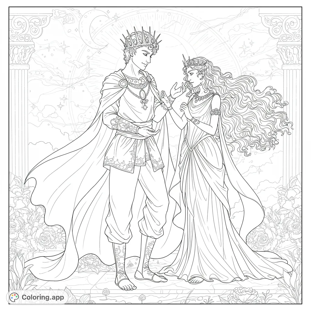 A majestic king and queen in regal attire under a celestial sky, surrounded by flowers. A beautiful fantasy royalty coloring page for all ages.