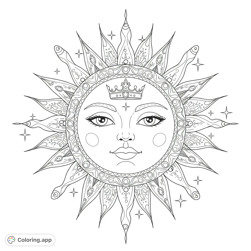 A majestic celestial sun with a serene face and intricate crown, surrounded by detailed, patterned rays and sparkling stars. Perfect for mindful coloring.