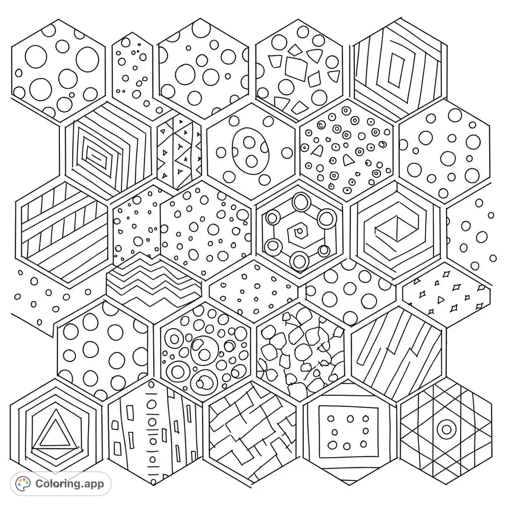 Explore a captivating geometric patterns coloring page featuring a mosaic of hexagons, each filled with unique, intricate designs for mindful coloring.