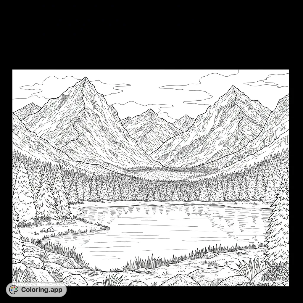 Explore a majestic mountain lake landscape coloring page. Towering peaks, dense pine forests, and a serene lake await your creative touch.