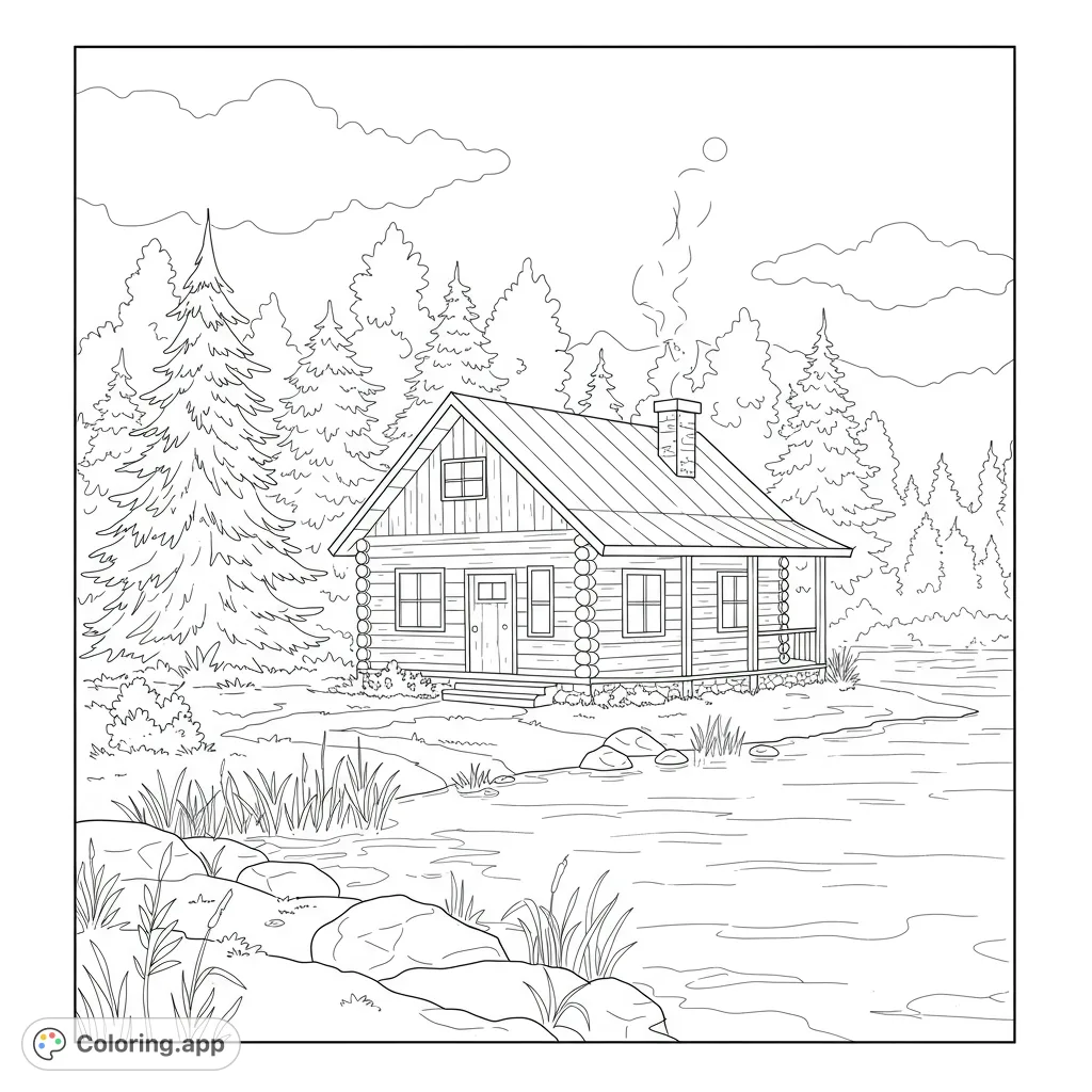A charming log cabin nestled by a serene lake, surrounded by towering pine trees and distant mountains. A peaceful nature scene for coloring.